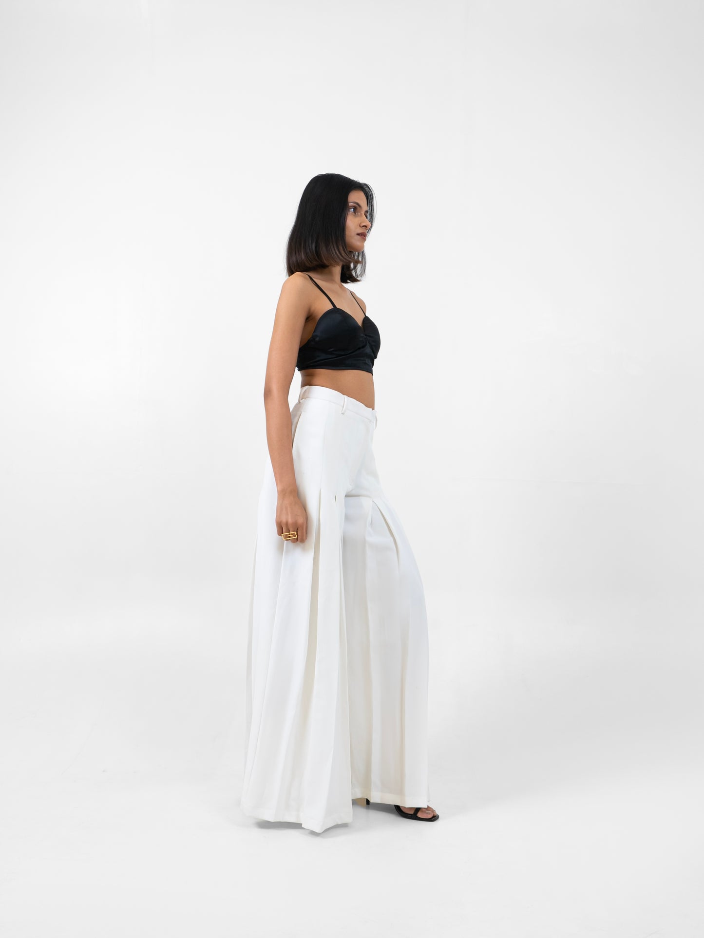White Pleated Pants with Bralette Top