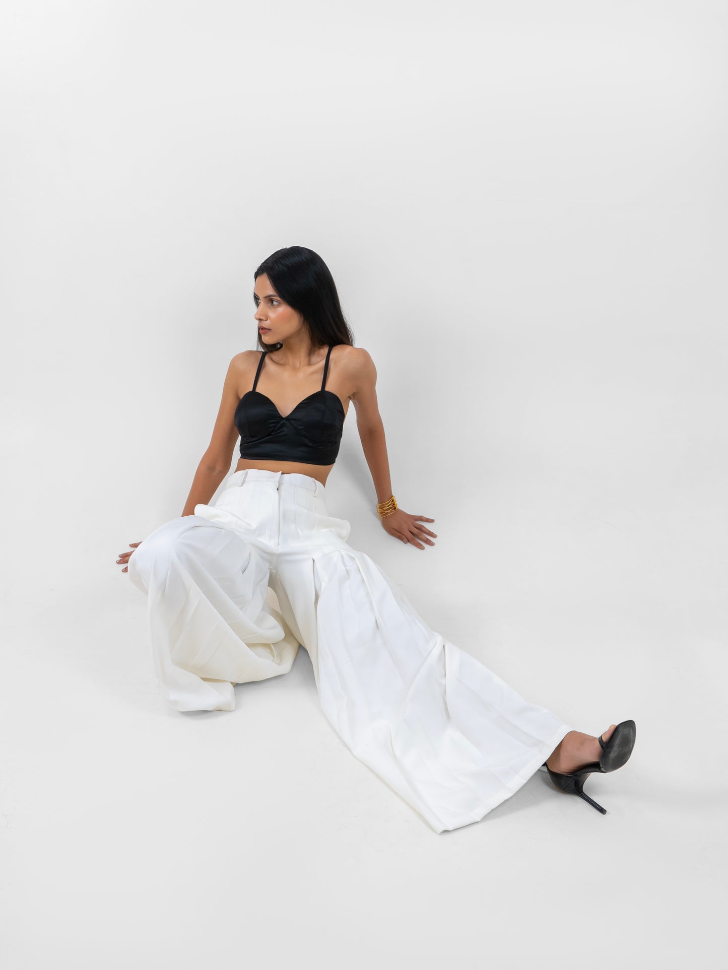 White Pleated Pants with Bralette Top