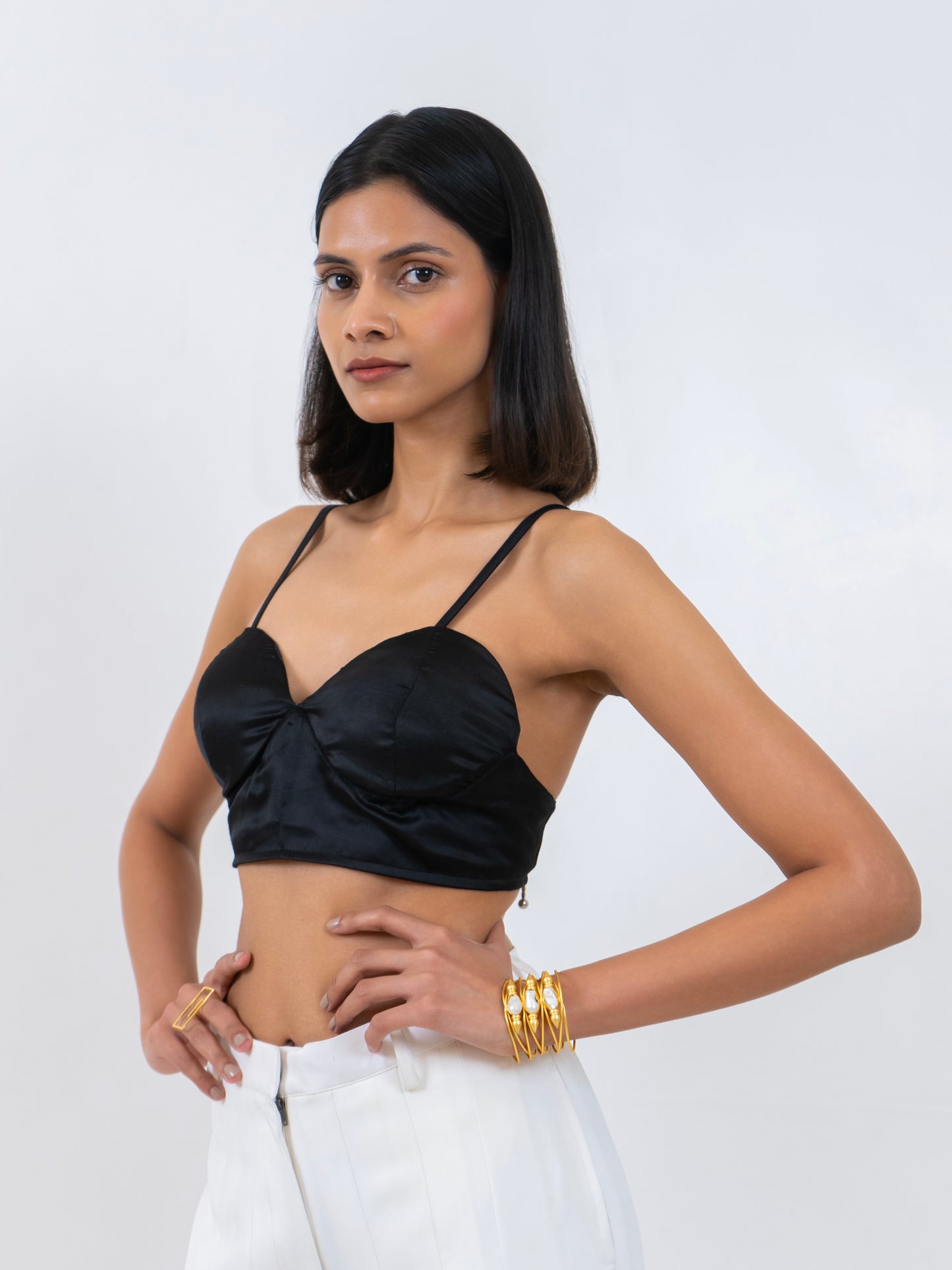 White Pleated Pants with Bralette Top